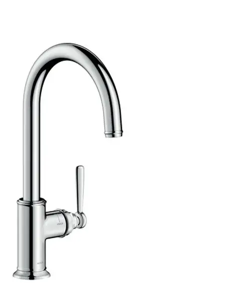 Spültischmischer von AXOR mit einem hohen, geschwungenen Auslauf und einem seitlichen Hebel zum Regulieren von Wasserfluss und Temperatur, in chromfarbener Optik.
